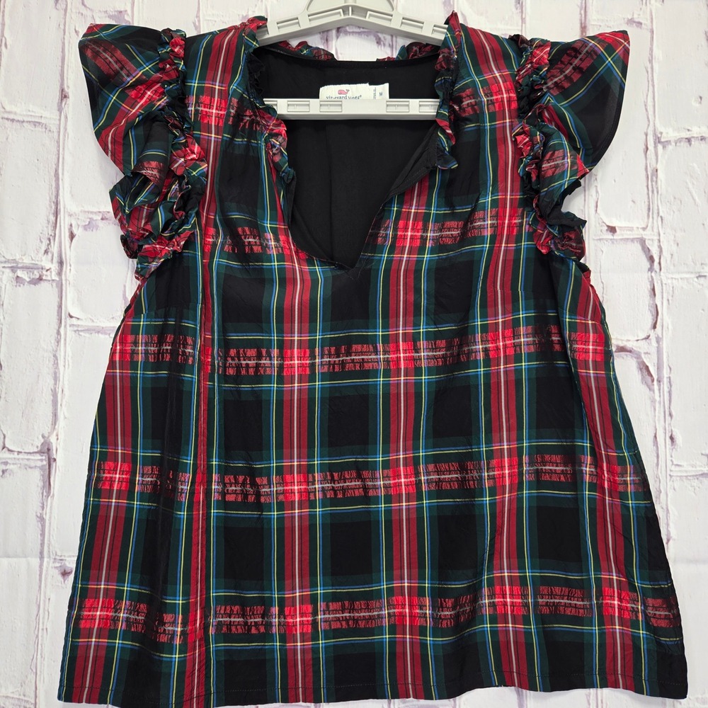Vineyard Vines‎ Women Medium Plaid Flutter Sleeve Blouse Ruffle Neck Holiday Top